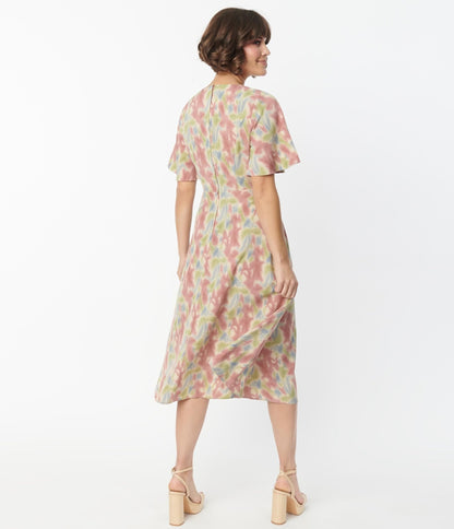 Pink & Blue Watercolor Pattern Festival Midi Dress - Unique Vintage - Womens, DRESSES, MIDI