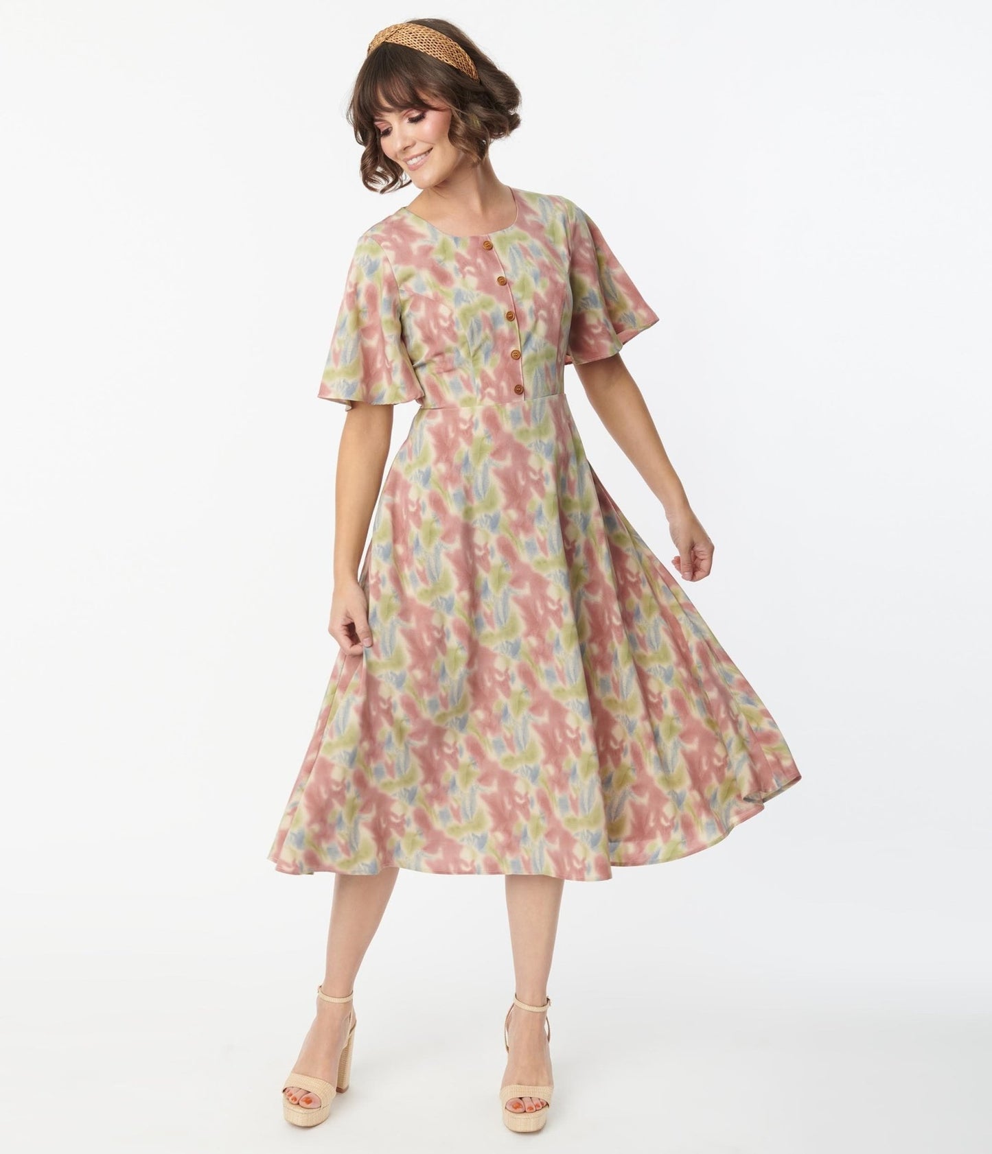 Pink & Blue Watercolor Pattern Festival Midi Dress - Unique Vintage - Womens, DRESSES, MIDI