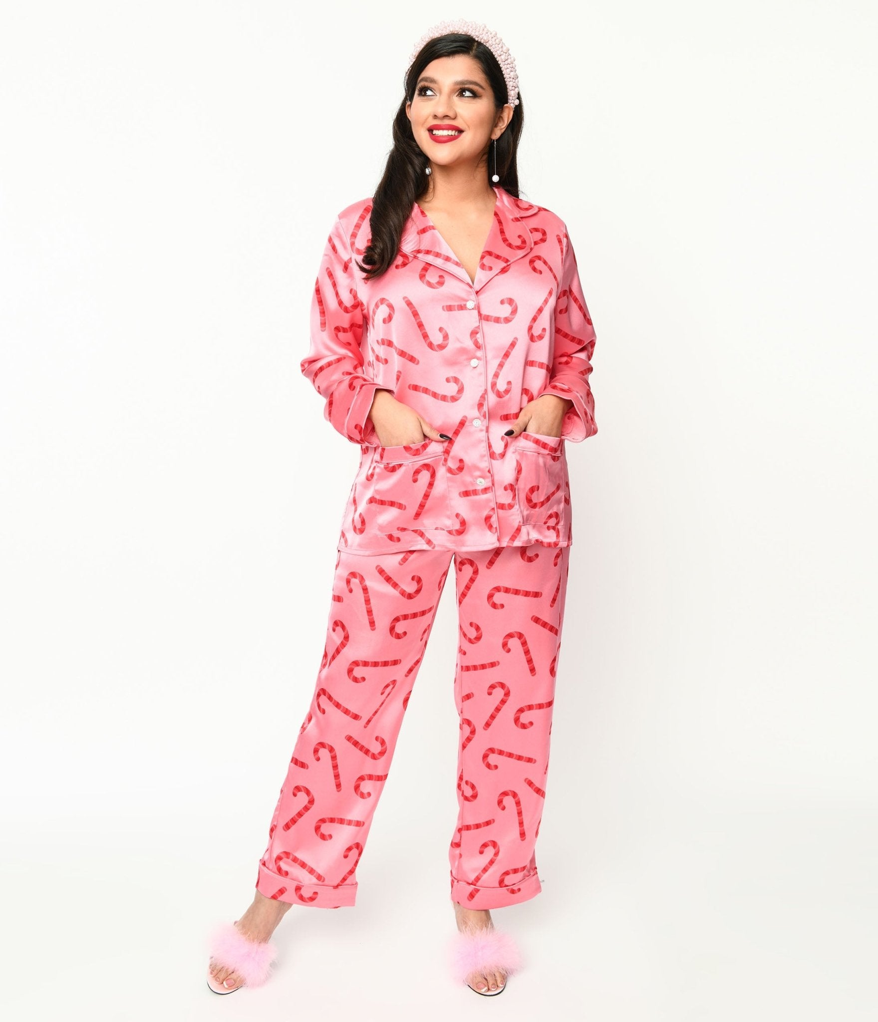 Pink Candy Cane Satin Pajama Set - Unique Vintage - Womens, ACCESSORIES, LINGERIE