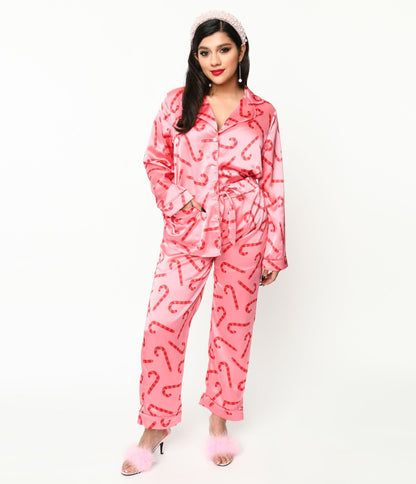 Pink Candy Cane Satin Pajama Set - Unique Vintage - Womens, ACCESSORIES, LINGERIE