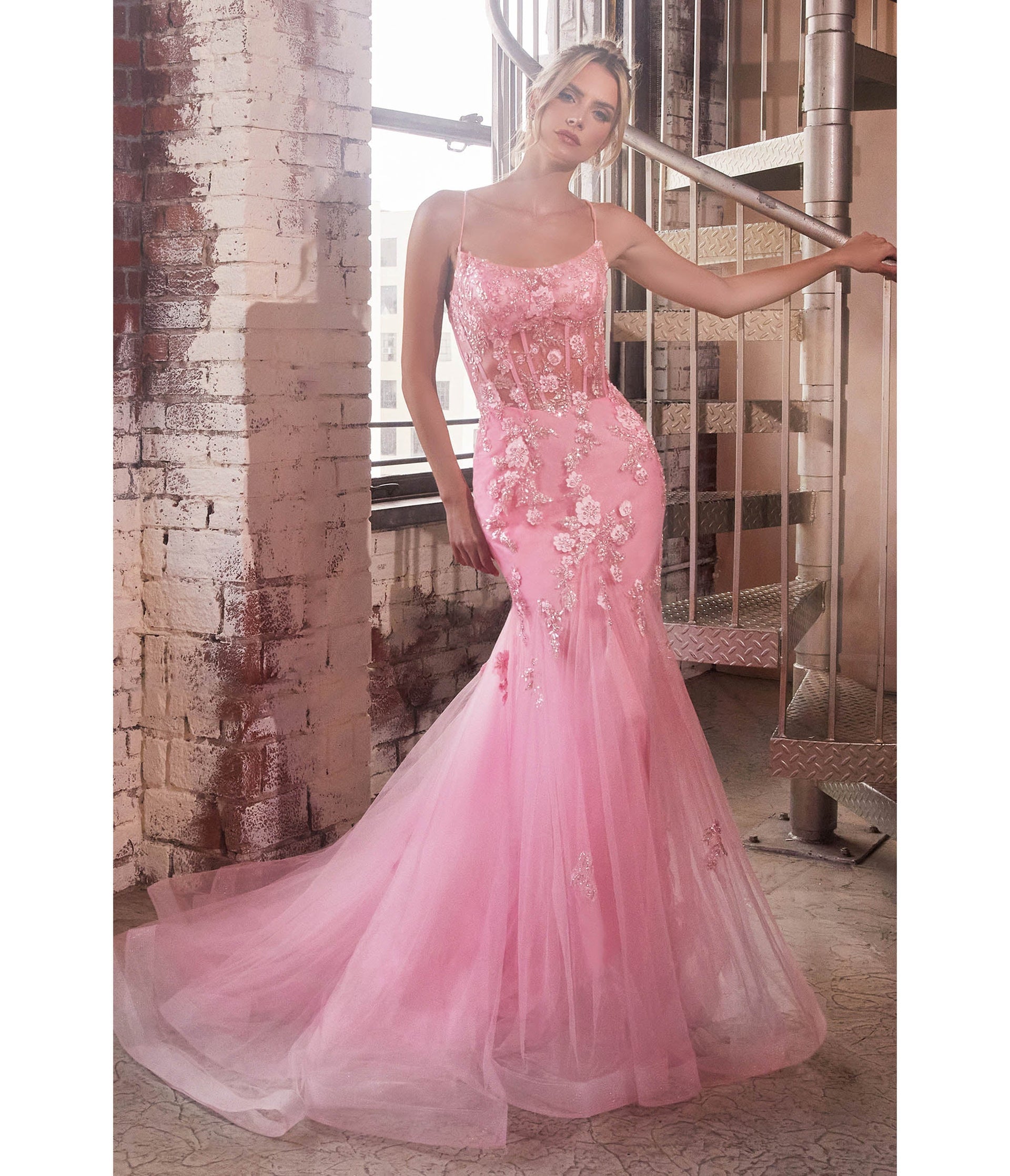 Pink Floral & Beaded Corset Mermaid Gown - Unique Vintage - Womens, DRESSES, PROM AND SPECIAL OCCASION