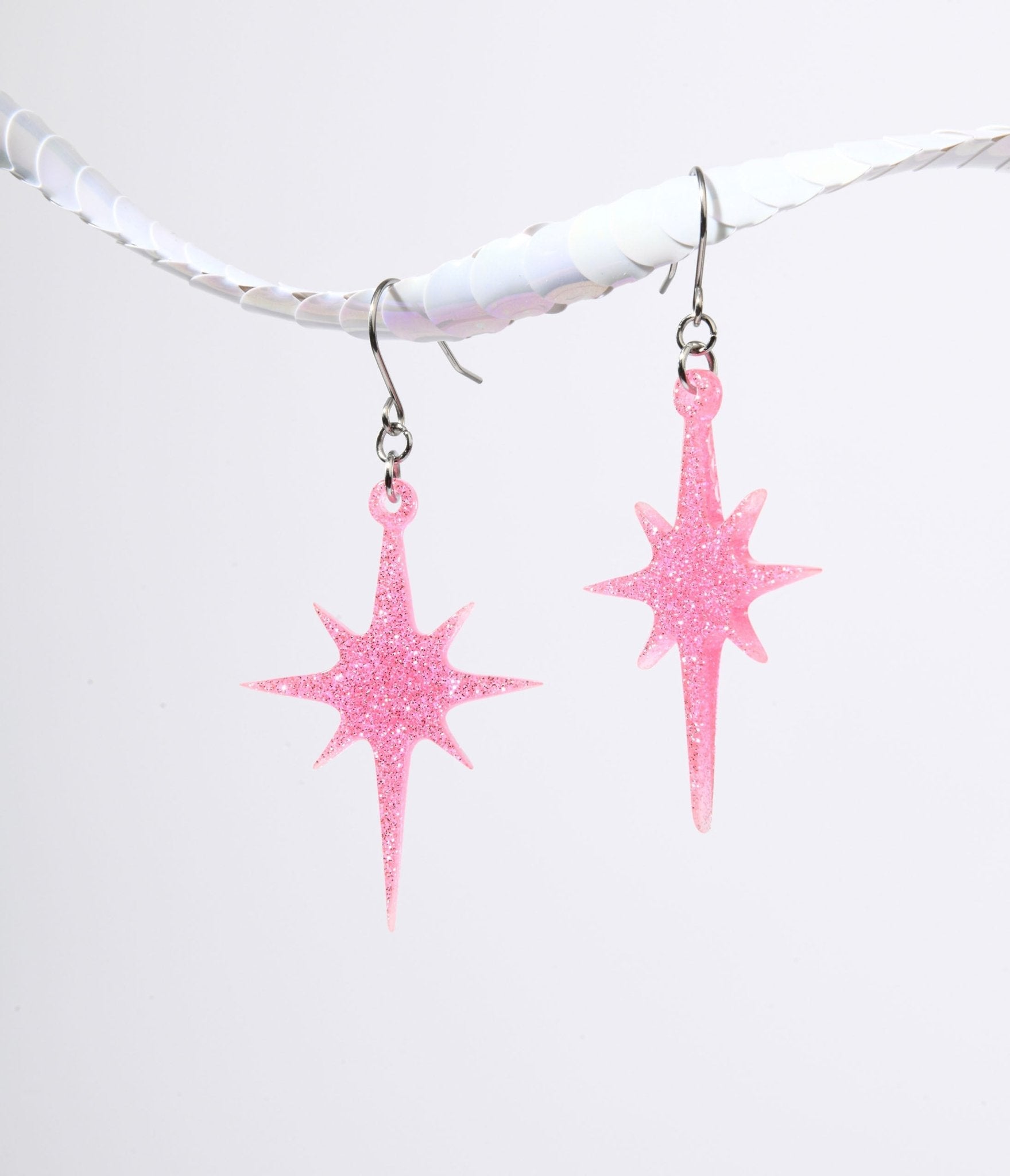 Pink Glitter Atomic Star Dangle Earrings - Unique Vintage - Womens, ACCESSORIES, JEWELRY