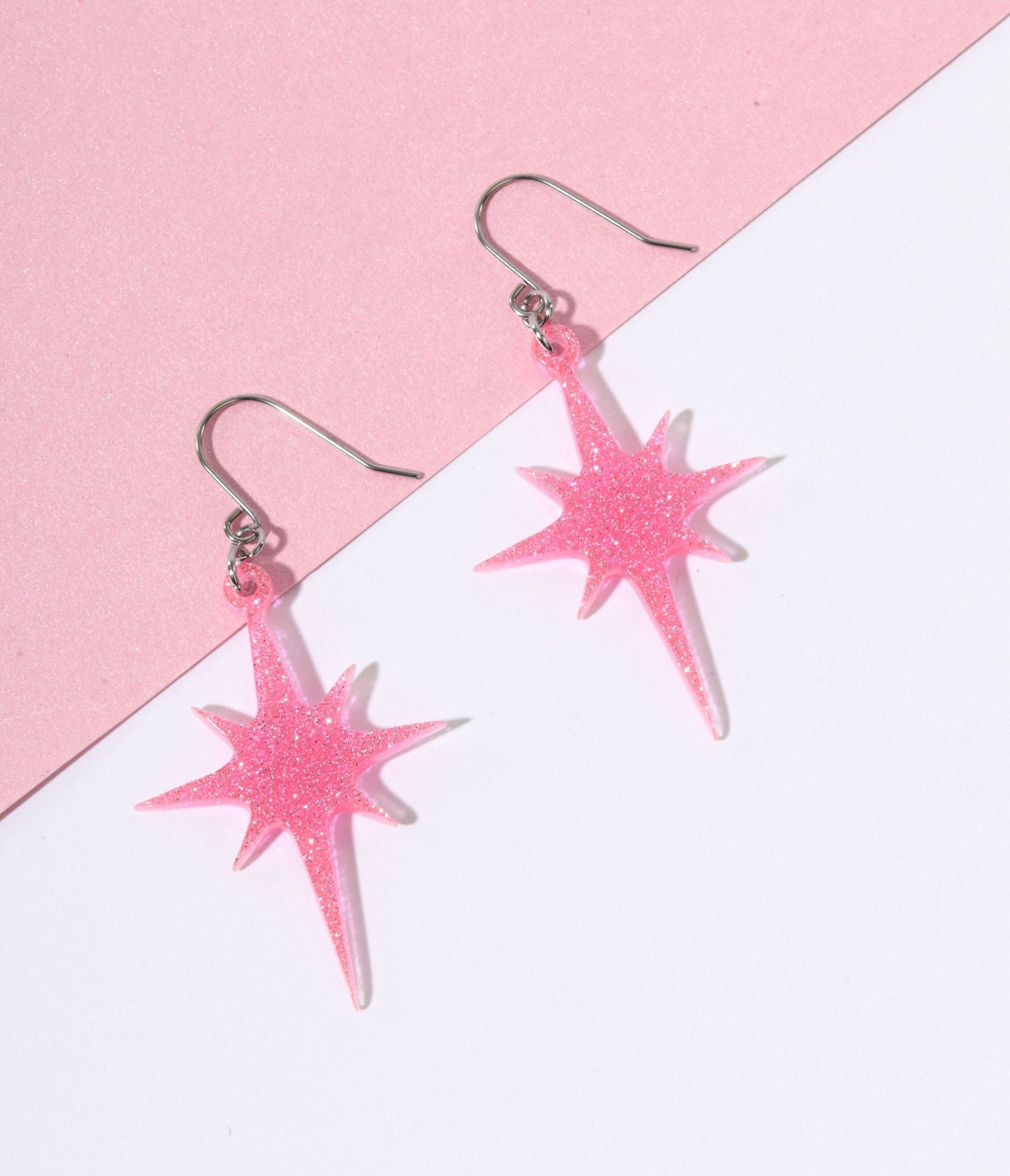 Pink Glitter Atomic Star Dangle Earrings - Unique Vintage - Womens, ACCESSORIES, JEWELRY