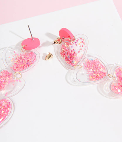 Pink Glitter Heart Drop Earrings - Unique Vintage - Womens, ACCESSORIES, JEWELRY