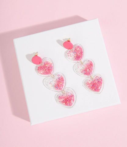 Pink Glitter Heart Drop Earrings - Unique Vintage - Womens, ACCESSORIES, JEWELRY