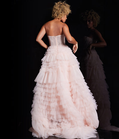 Pink Layered Ruffle Strapless Ball Gown - Unique Vintage - Womens, DRESSES, PROM AND SPECIAL OCCASION