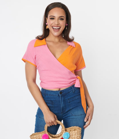 Pink & Orange Colorblock Surplice Wrap Top - Unique Vintage - Womens, TOPS, WOVEN TOPS