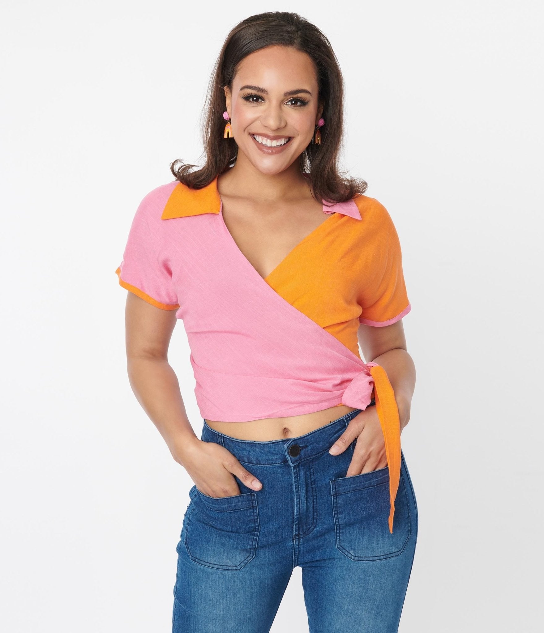 Pink & Orange Colorblock Surplice Wrap Top - Unique Vintage - Womens, TOPS, WOVEN TOPS