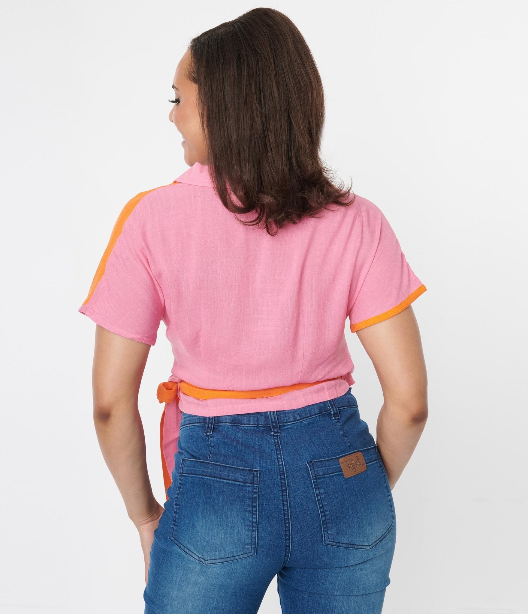 Pink & Orange Colorblock Surplice Wrap Top - Unique Vintage - Womens, TOPS, WOVEN TOPS