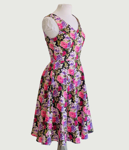 Pink & Purple Roses Swing Dress - Unique Vintage - Womens, DRESSES, FIT AND FLARE