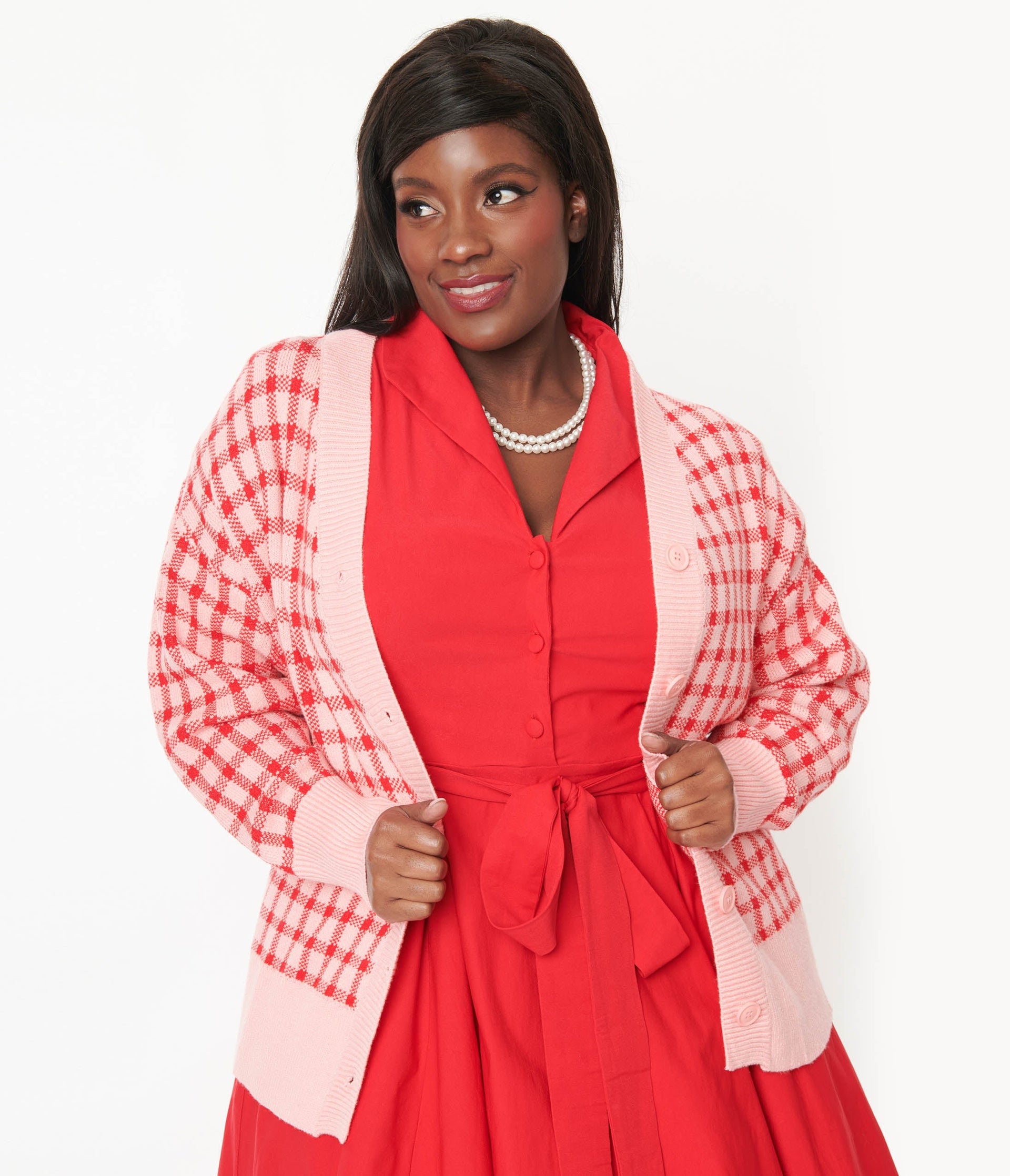 Pink & Red Checkered Cardigan - Unique Vintage - Womens, TOPS, SWEATERS