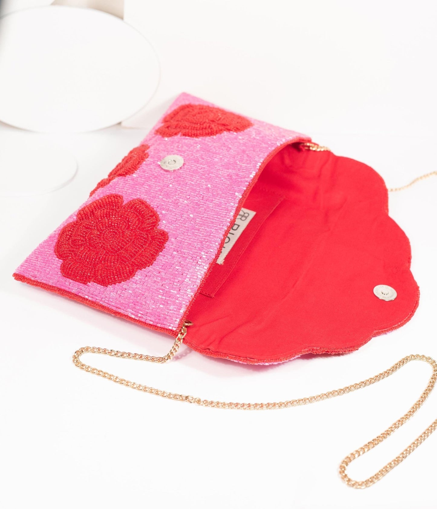 Pink & Red Floral Rose Beaded Envelope Clutch - Unique Vintage - Womens, ACCESSORIES, HANDBAGS
