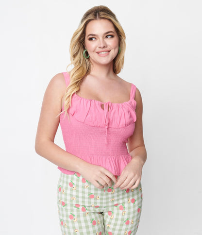 Pink Smocked Sleeveless Woven Top - Unique Vintage - Womens, TOPS, WOVEN TOPS