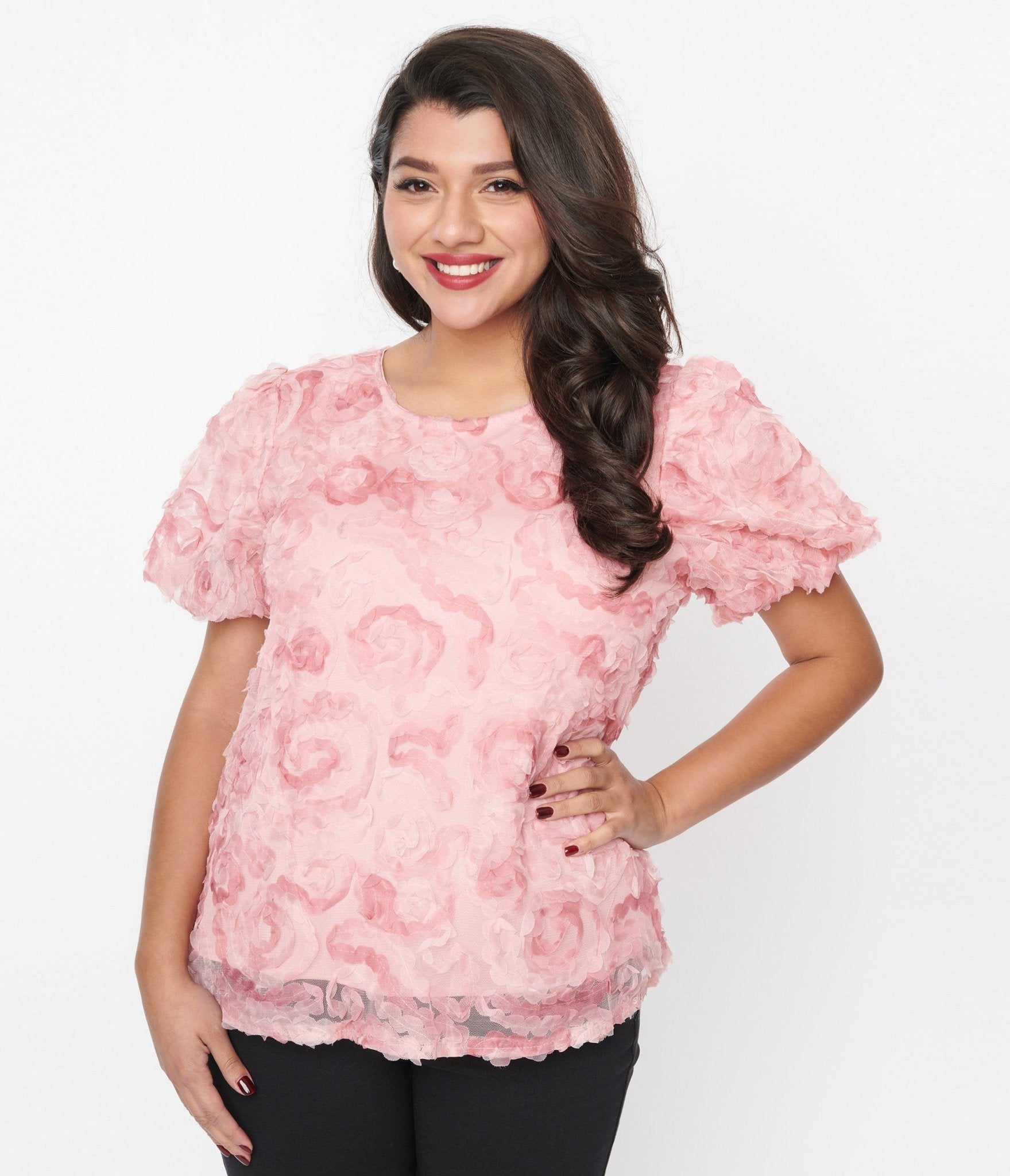 Pink Textured Floral Puff Sleeve Blouse - Unique Vintage - Womens, TOPS, WOVEN TOPS