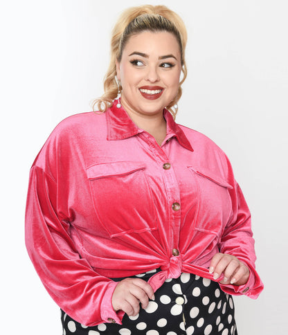 Pink Velvet Button Down Shirt - Unique Vintage - Womens, TOPS, WOVEN TOPS