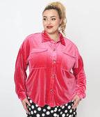 Pink Velvet Button Down Shirt - Unique Vintage - Womens, TOPS, WOVEN TOPS