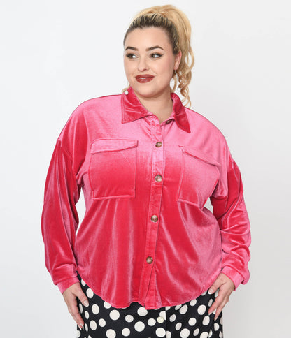 Pink Velvet Button Down Shirt - Unique Vintage - Womens, TOPS, WOVEN TOPS