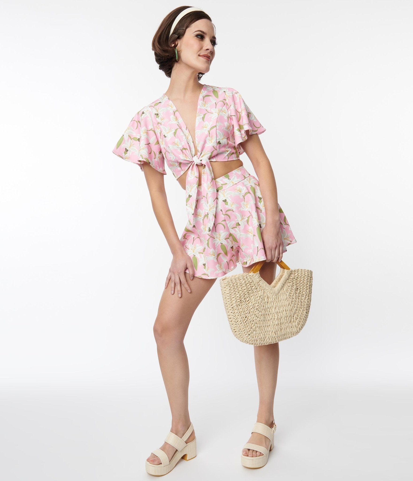 Pink & White Lilies Bama Breeze Top & Shorts Set - Unique Vintage - Womens, BOTTOMS, ROMPERS AND JUMPSUITS