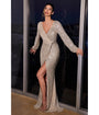 Cinderella Divine  Platinum Sequin Long Sleeve Slit Evening Gown