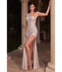 Cinderella Divine  Platinum Sequin One Shoulder Slit Evening Gown
