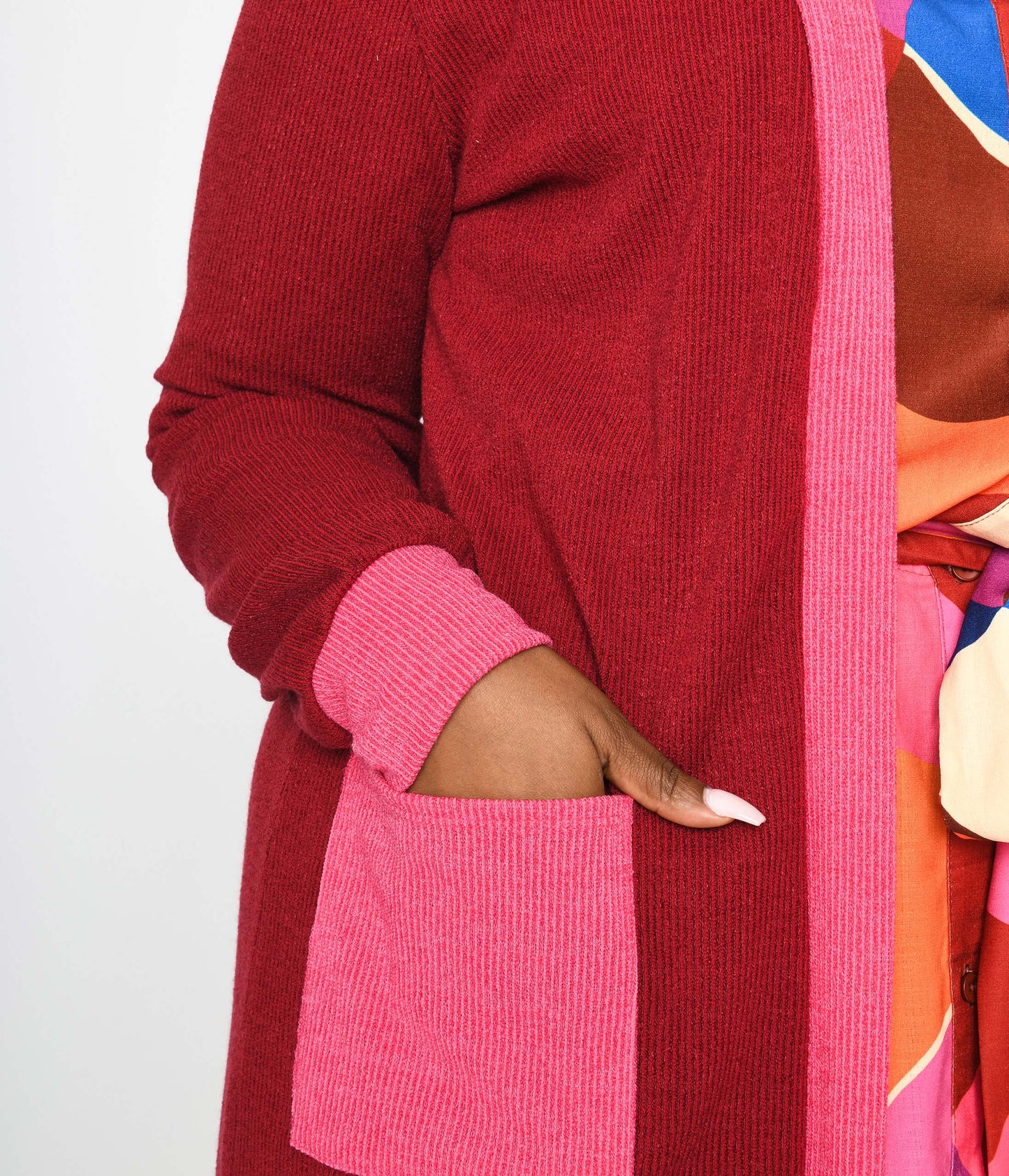 Plus Long Berry & Pink Contrast Open Long Cardigan - Unique Vintage - Womens, TOPS, SWEATERS