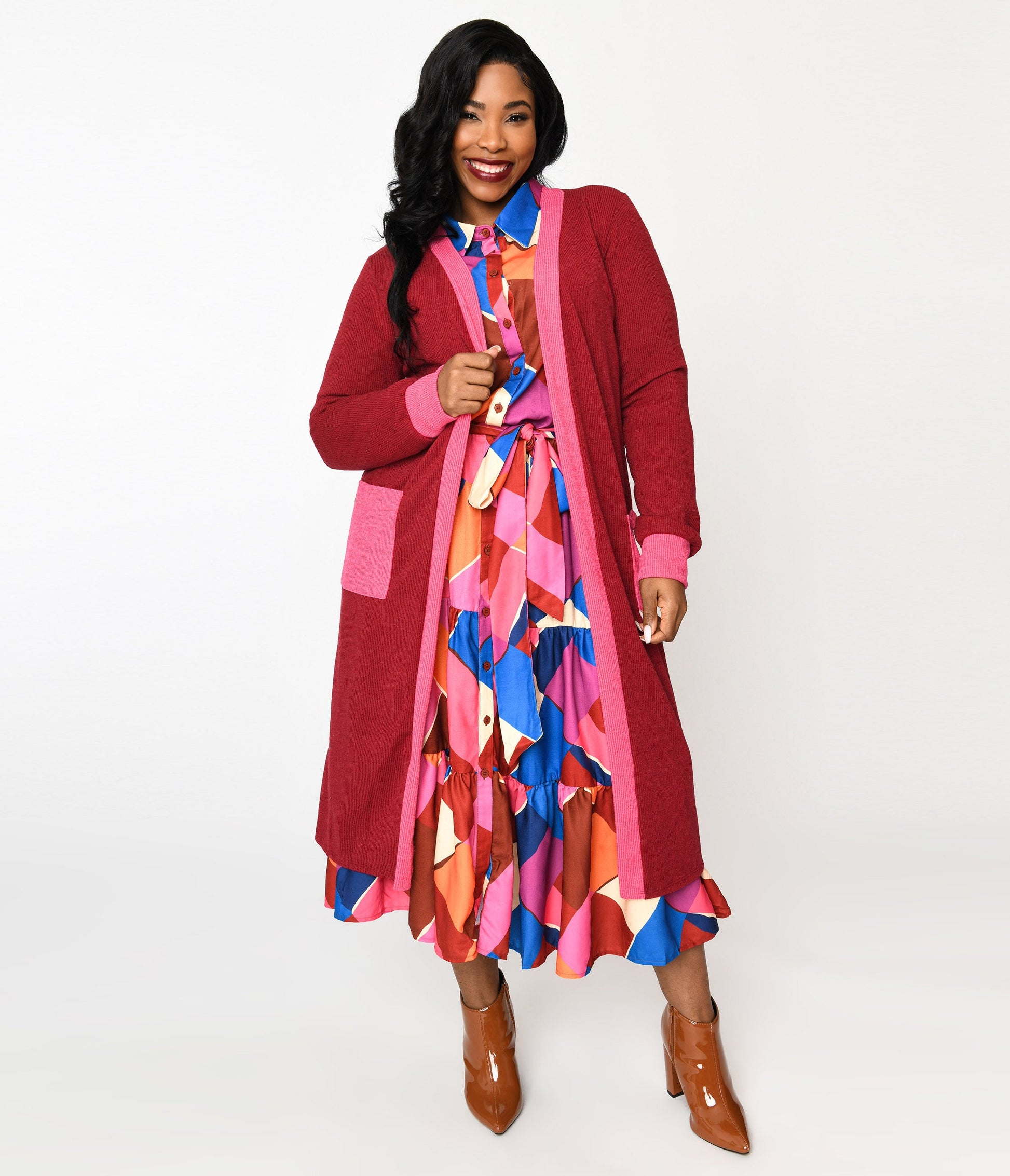 Plus Long Berry & Pink Contrast Open Long Cardigan - Unique Vintage - Womens, TOPS, SWEATERS