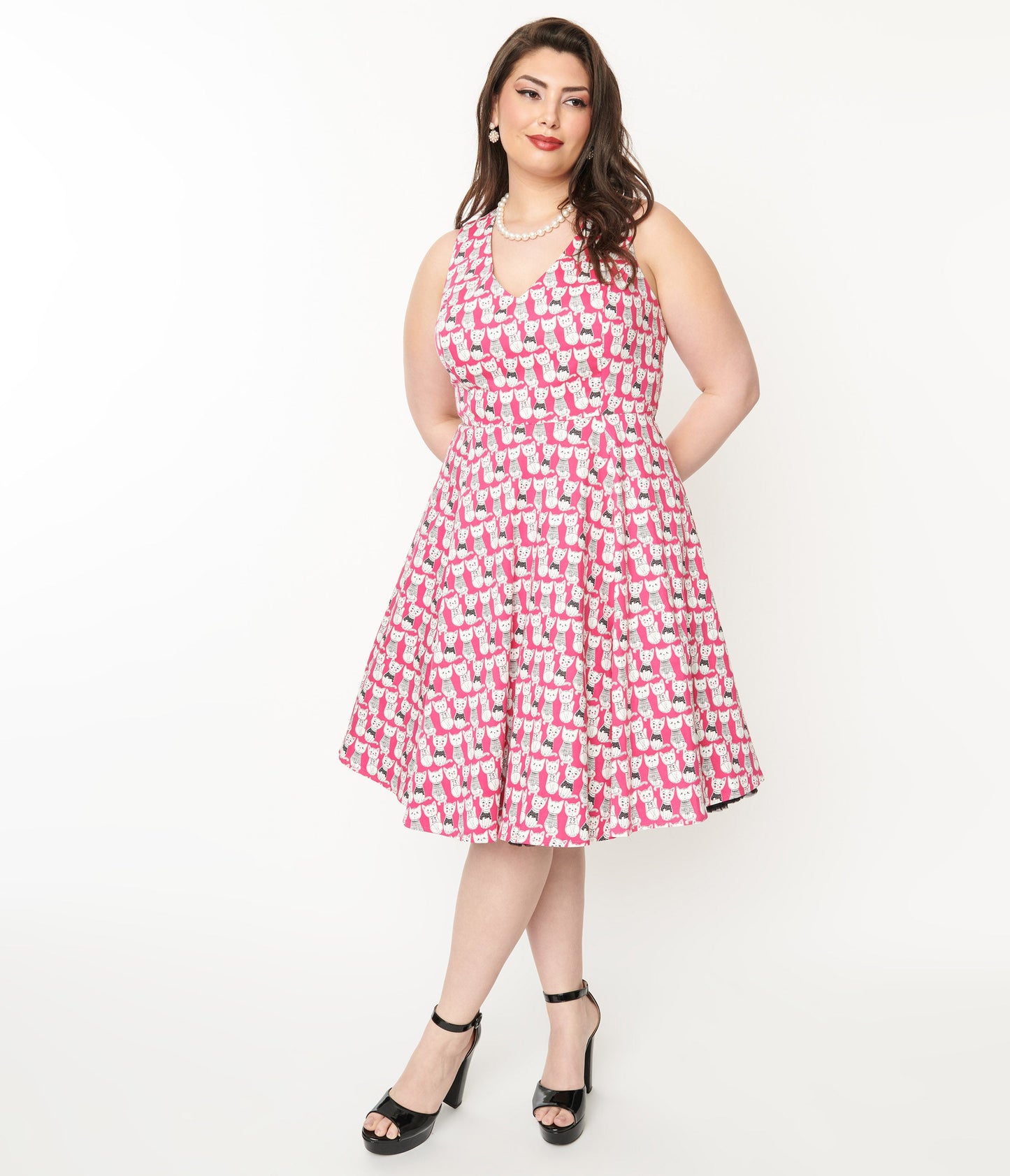 Plus Size 1950s Style Hot Pink Cat Print Sleeveless Swing Dress - Unique Vintage - Womens, DRESSES, FIT AND FLARE