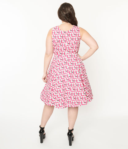 Plus Size 1950s Style Hot Pink Cat Print Sleeveless Swing Dress - Unique Vintage - Womens, DRESSES, FIT AND FLARE