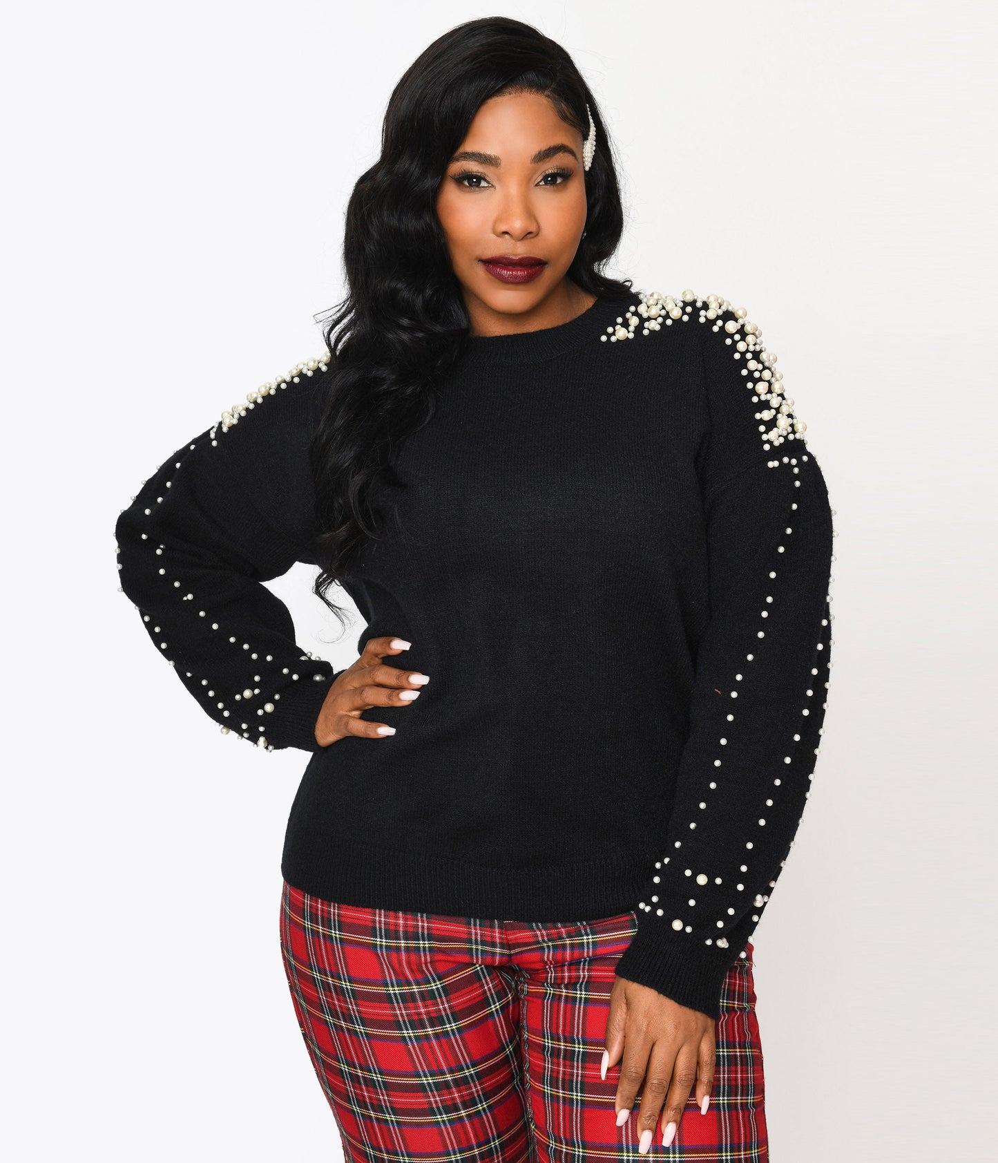 Plus Size Black & Faux Pearl Studded Knit Sweater - Unique Vintage - Womens, TOPS, SWEATERS