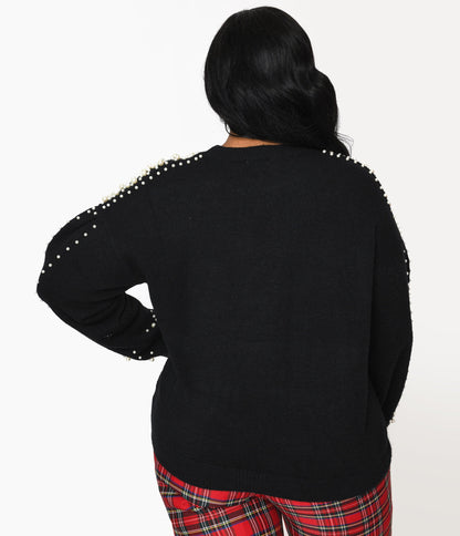 Plus Size Black & Faux Pearl Studded Knit Sweater - Unique Vintage - Womens, TOPS, SWEATERS