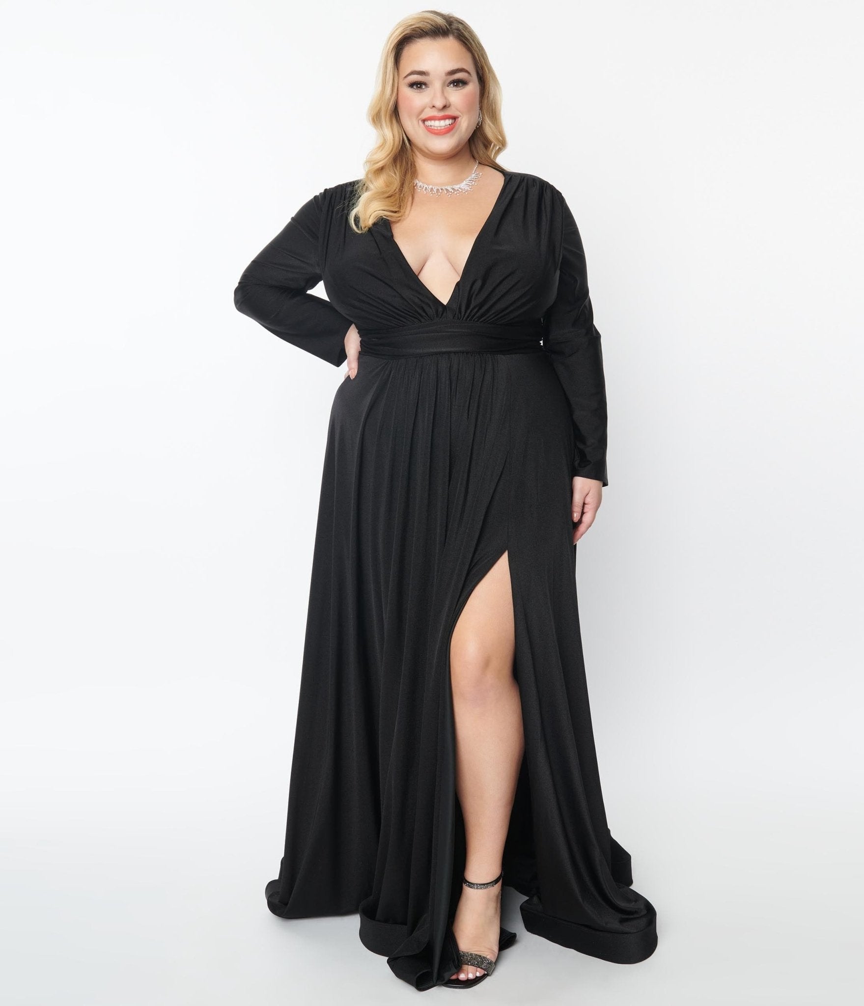 Plus Size Black Long Sleeve Sophisticated Goddess Gown - Unique Vintage - Womens, DRESSES, PROM AND SPECIAL OCCASION