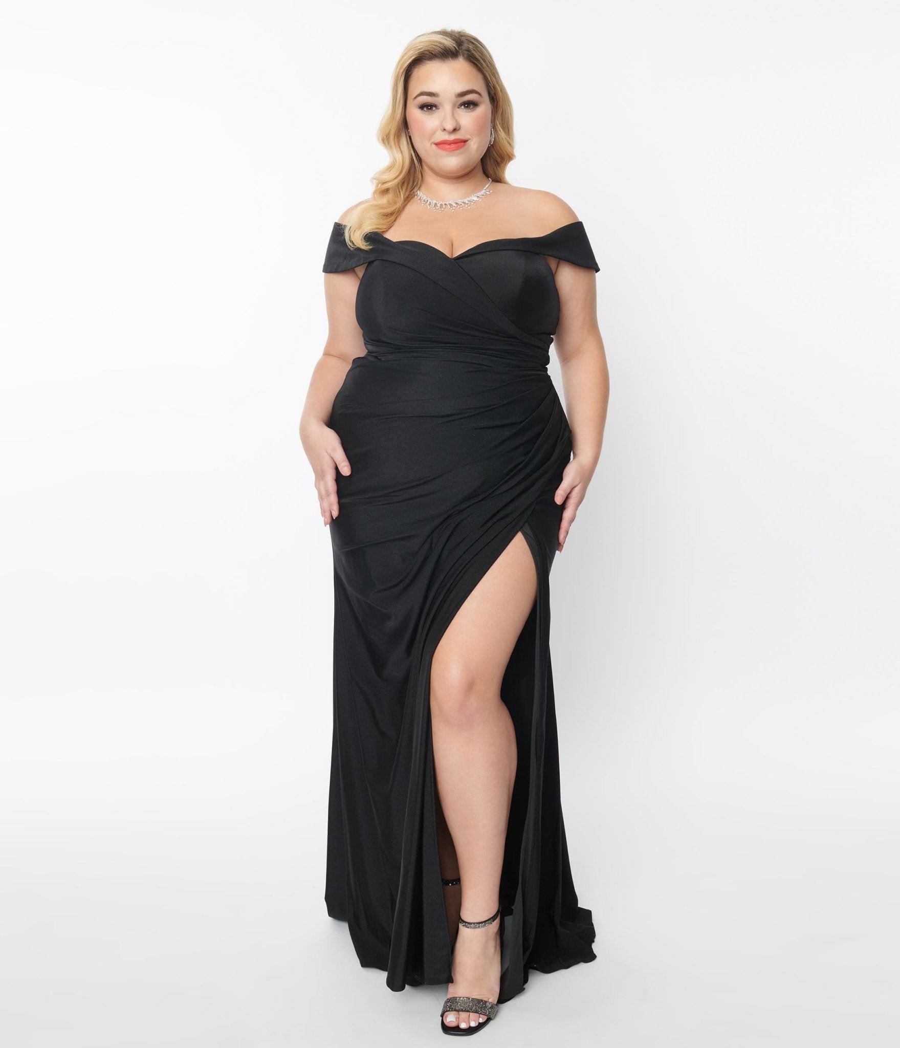 Plus Size Black Off The Shoulder Full Length Dress - Unique Vintage - Womens, DRESSES, PROM AND SPECIAL OCCASION