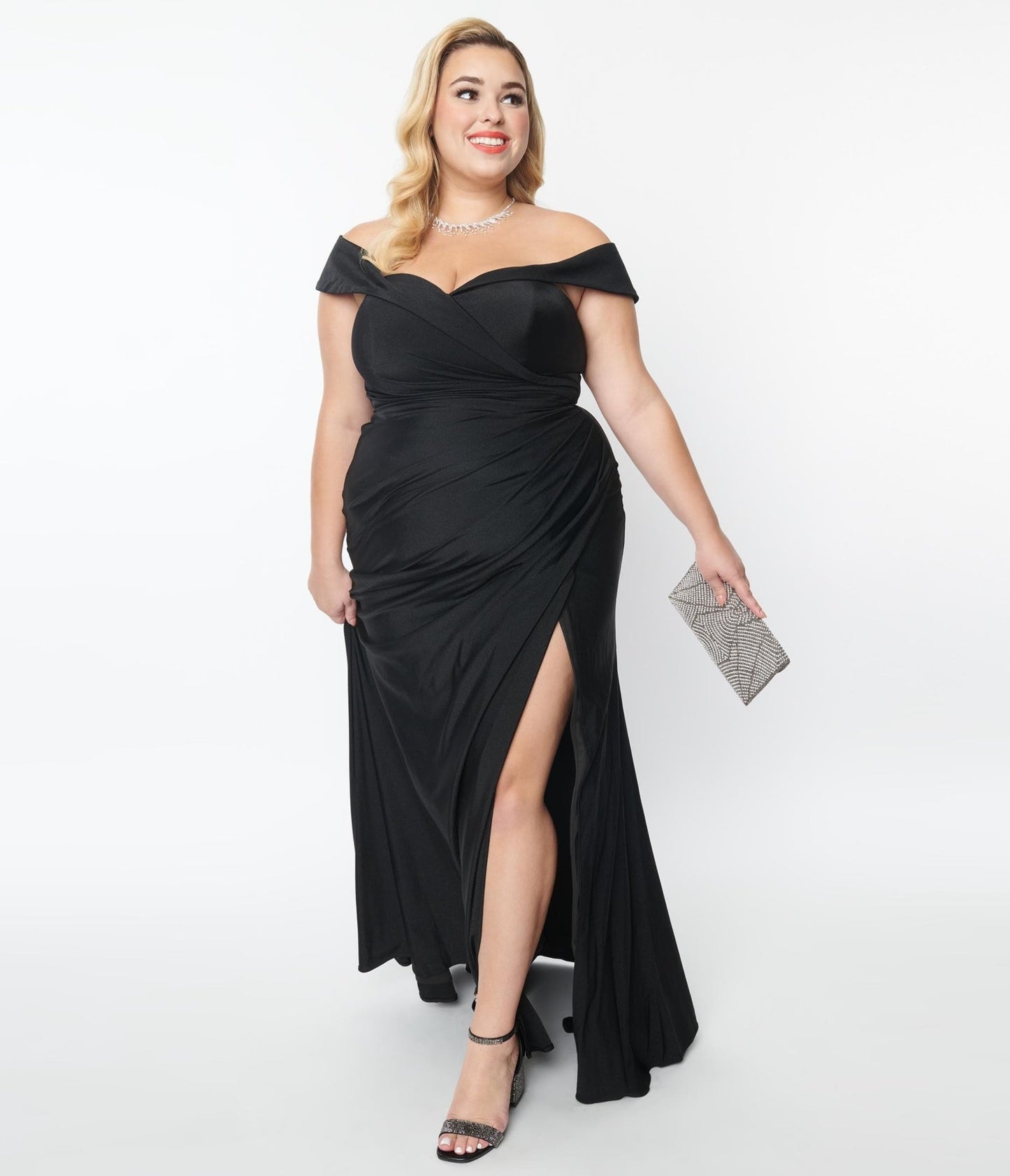 Plus Size Black Off The Shoulder Full Length Dress - Unique Vintage - Womens, DRESSES, PROM AND SPECIAL OCCASION