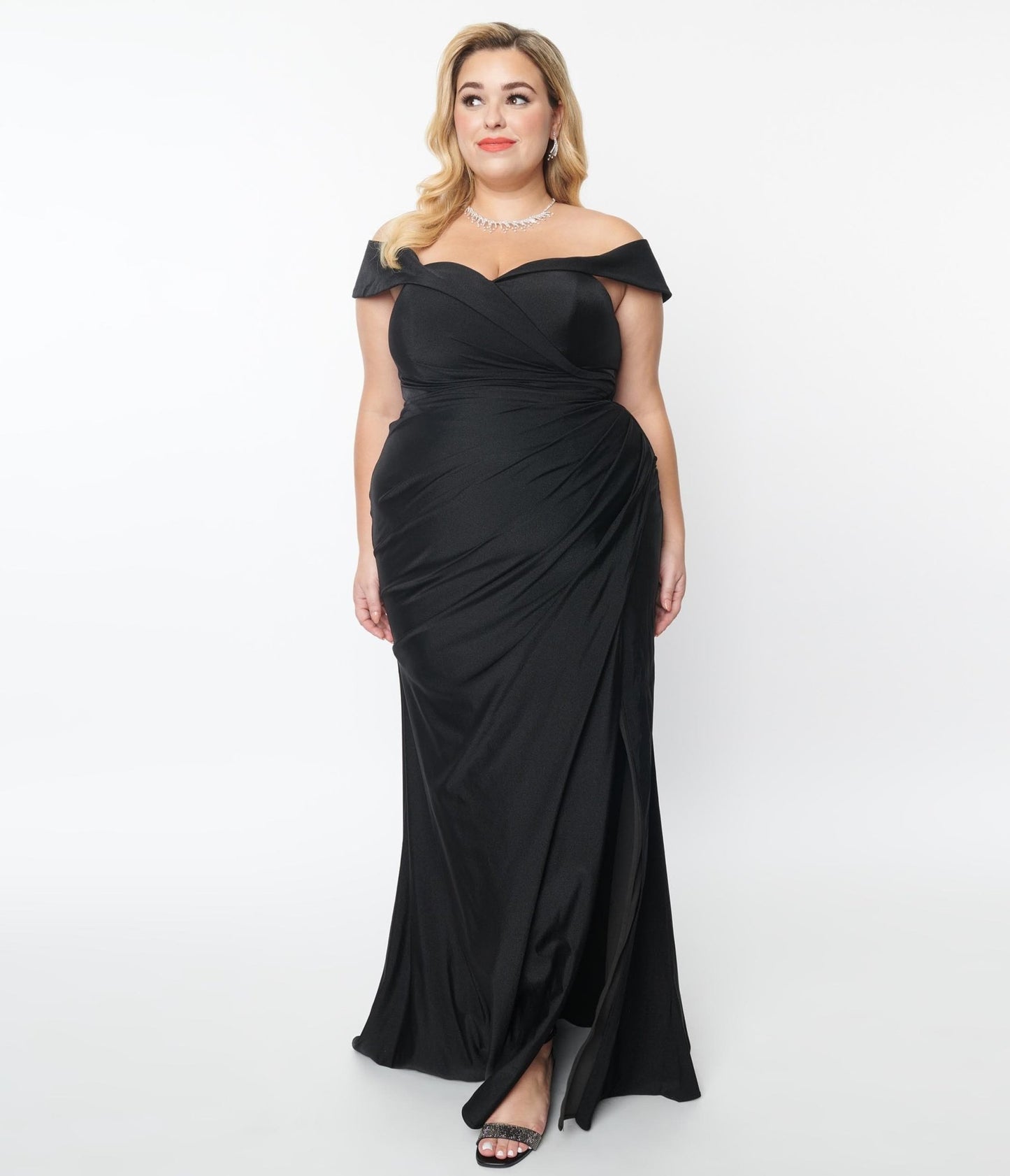 Plus Size Black Off The Shoulder Full Length Dress - Unique Vintage - Womens, DRESSES, PROM AND SPECIAL OCCASION