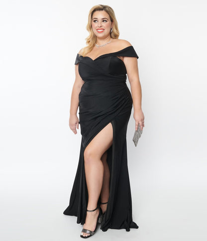 Plus Size Black Off The Shoulder Full Length Dress - Unique Vintage - Womens, DRESSES, PROM AND SPECIAL OCCASION