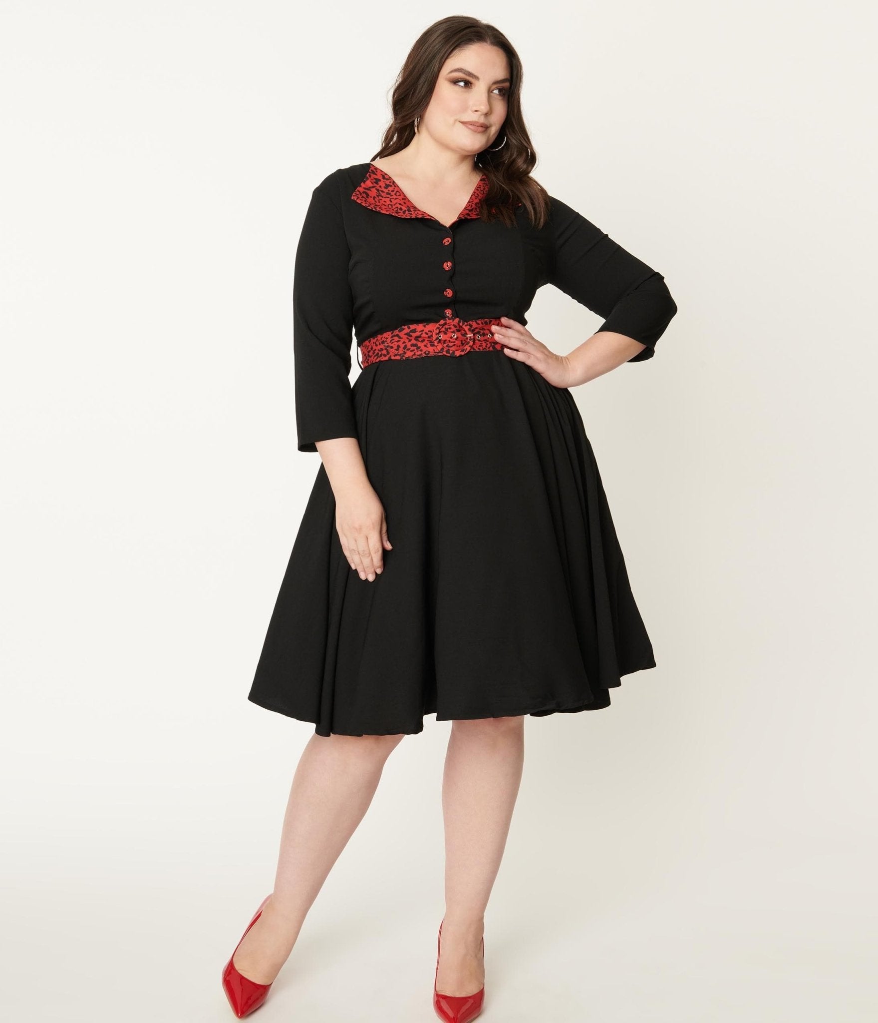 Plus Size Black & Red Leopard Accent Lynette Swing Dress - Unique Vintage - Womens, DRESSES, SWING