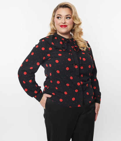 Plus Size Black & Red Polka Dot Ruffle Collared Blouse - Unique Vintage - Womens, TOPS, WOVEN TOPS