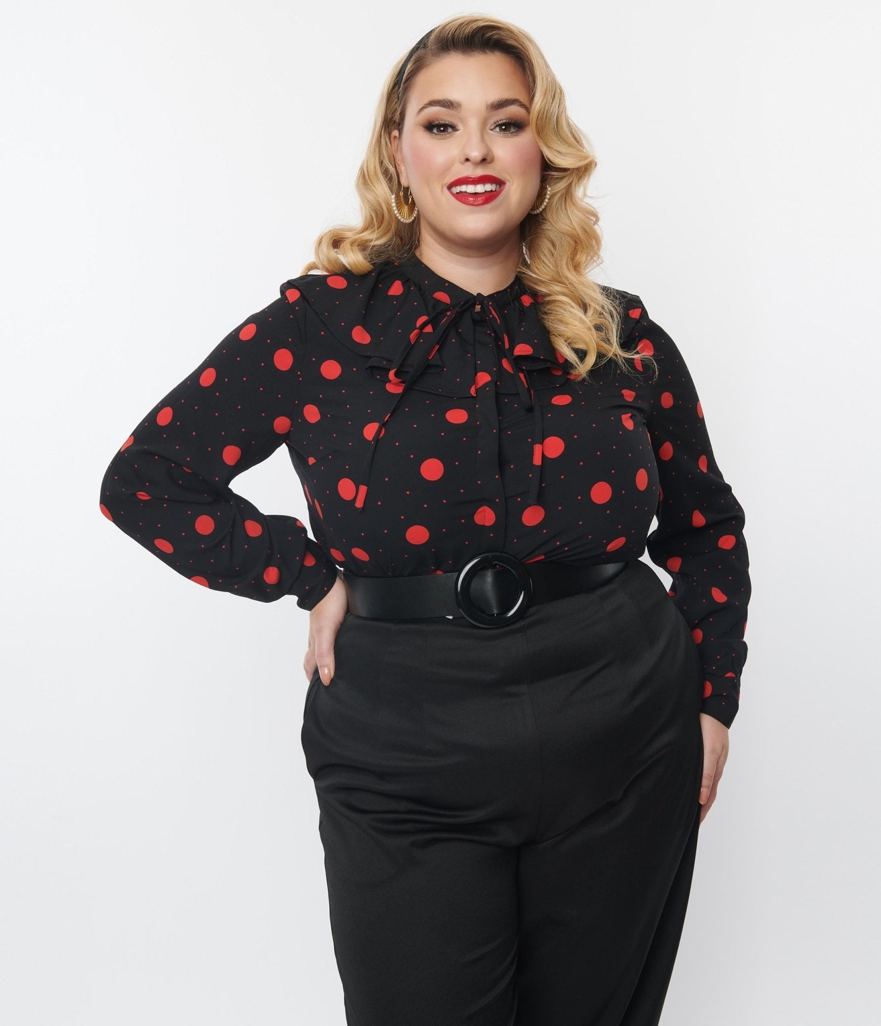 Plus Size Black & Red Polka Dot Ruffle Collared Blouse - Unique Vintage - Womens, TOPS, WOVEN TOPS