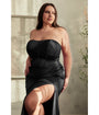 Cinderella Divine  Plus Size Black Satin Pleated Strapless Corset Evening Gown