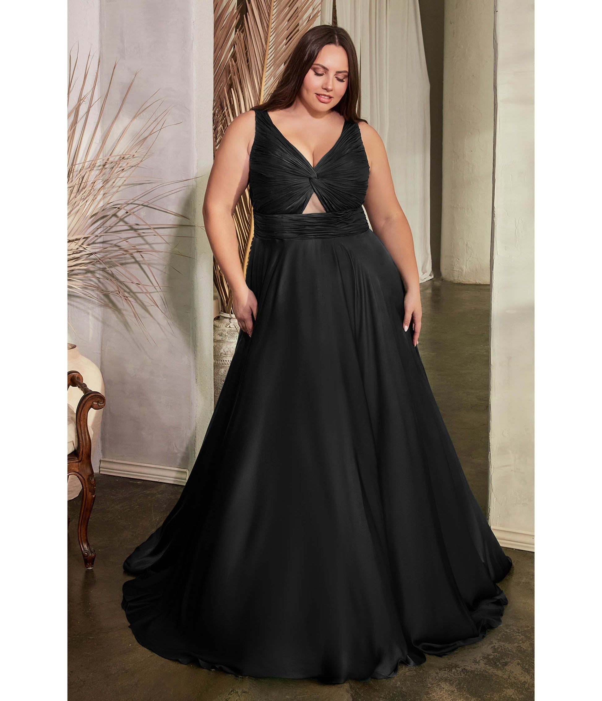 Plus Size Black Satin Ruched Knotted Keyhole Evening Gown - Unique Vintage - Womens, DRESSES, PROM AND SPECIAL OCCASION