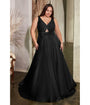 Cinderella Divine  Plus Size Black Satin Ruched Knotted Keyhole Evening Gown