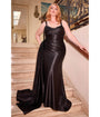Cinderella Divine  Plus Size Black Sequin Applique & Ruched Satin Evening Gown