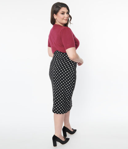 Plus Size Black & White Polka Dot Wiggle Skirt - Unique Vintage - Womens, BOTTOMS, SKIRTS