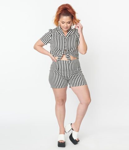 Plus Size Black & White Striped Connie Shorts - Unique Vintage - Womens, BOTTOMS, SHORTS