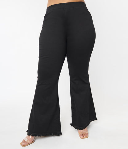 Plus Size Black Wide Flare Leg Pants - Unique Vintage - Womens, BOTTOMS, PANTS