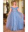 Cinderella Divine  Plus Size Blue Glitter Tulle Off The Shoulder Applique Slit Gown
