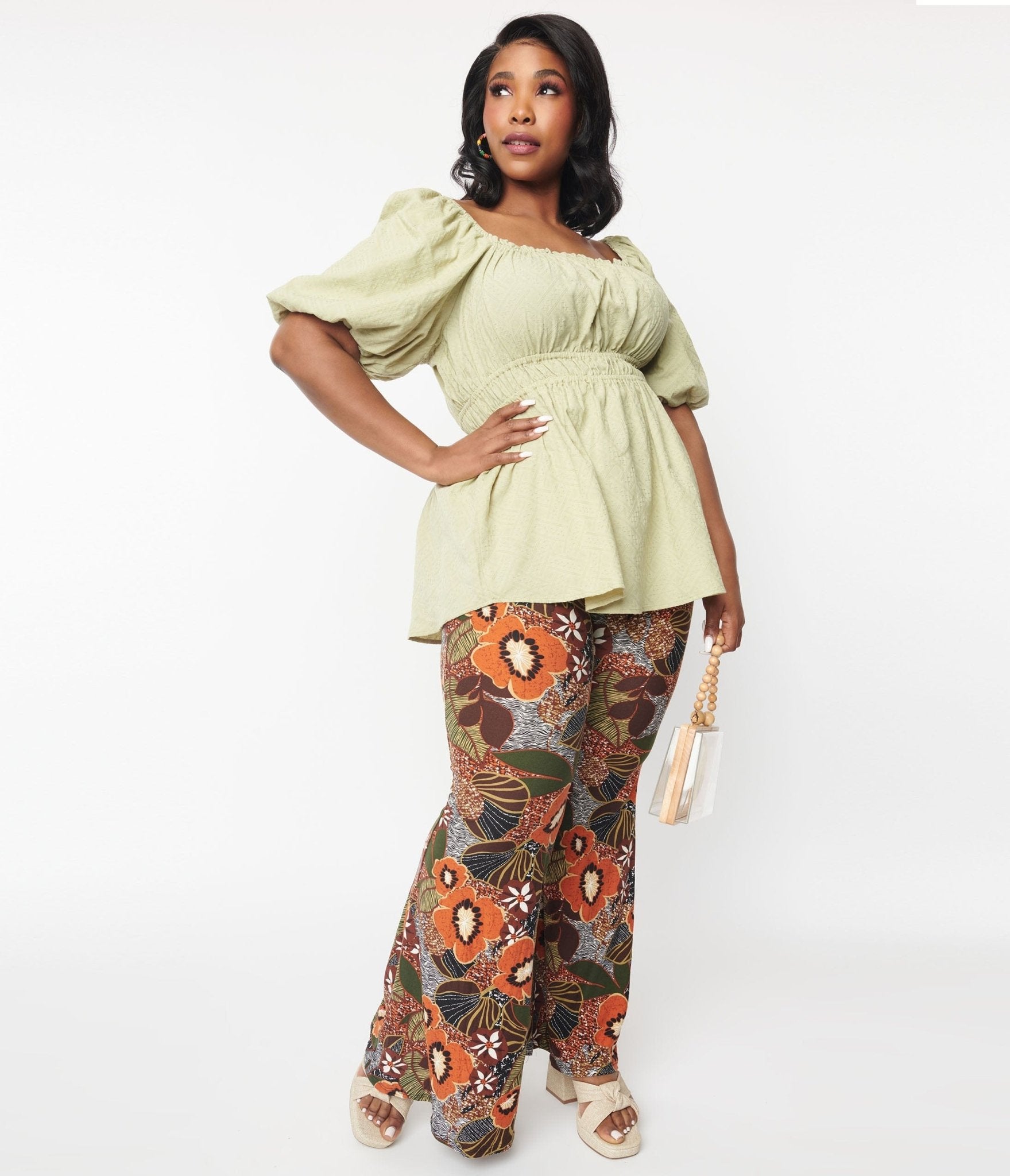 Plus Size 1970s Brown Floral Bell Bottom Pants