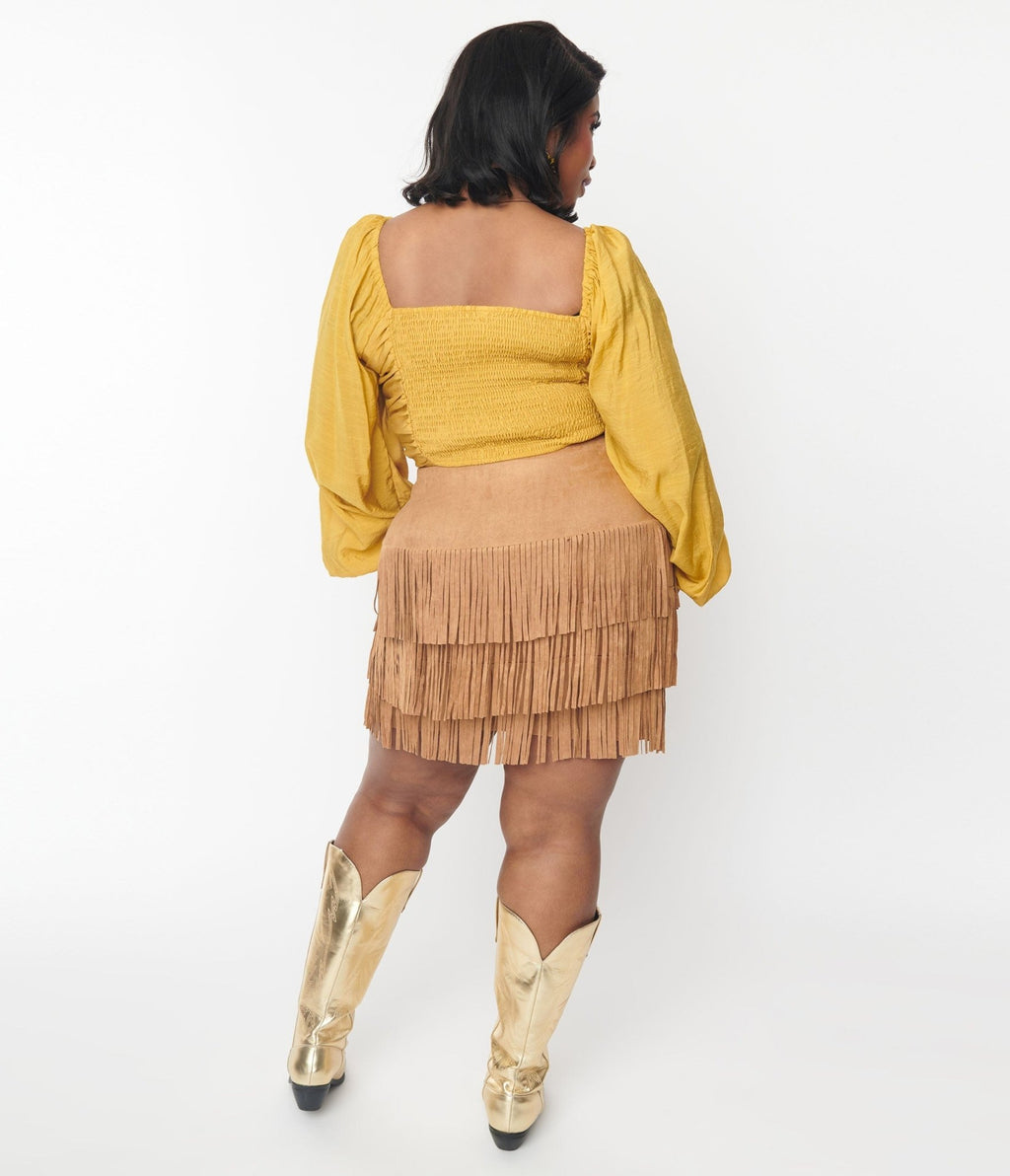Plus Size Brown Suede Tiered Fringe Skirt - Unique Vintage - Womens, BOTTOMS, SKIRTS