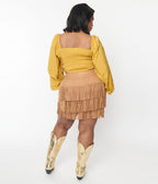 Plus Size Brown Suede Tiered Fringe Skirt - Unique Vintage - Womens, BOTTOMS, SKIRTS