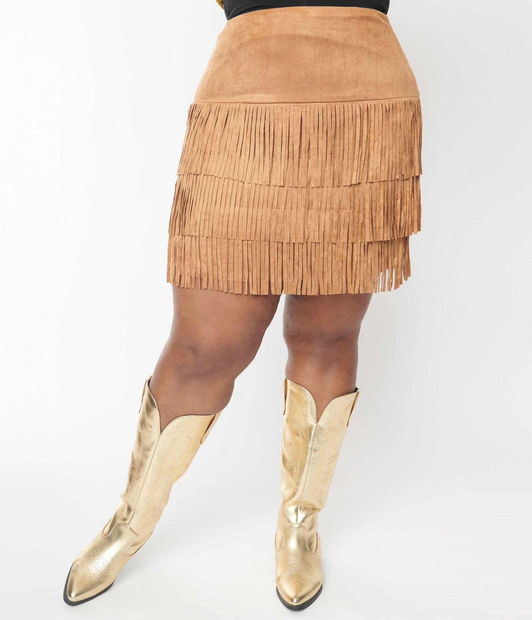 Plus Size Brown Suede Tiered Fringe Skirt - Unique Vintage - Womens, BOTTOMS, SKIRTS